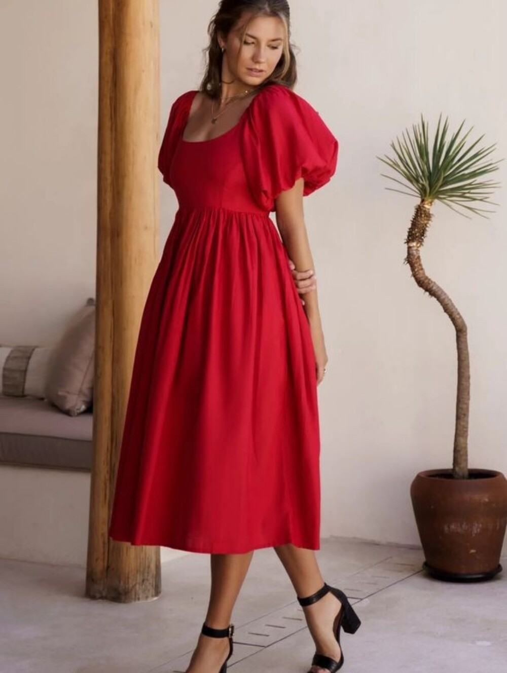 Worth Collective Linen Blend Red Puff Sleeve Smocked Midi Dress Square Neck XL